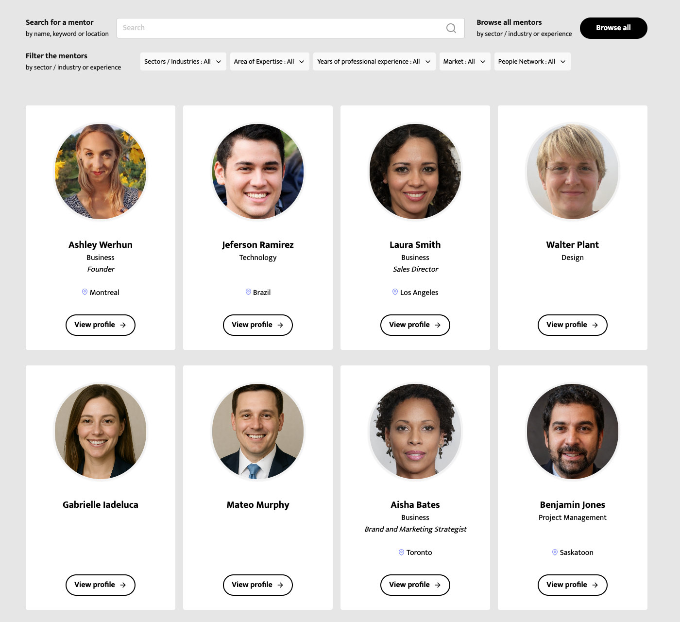 Réseau de mentors Mentorly - profils de mentors diversifiés dans diverses industries et marchés